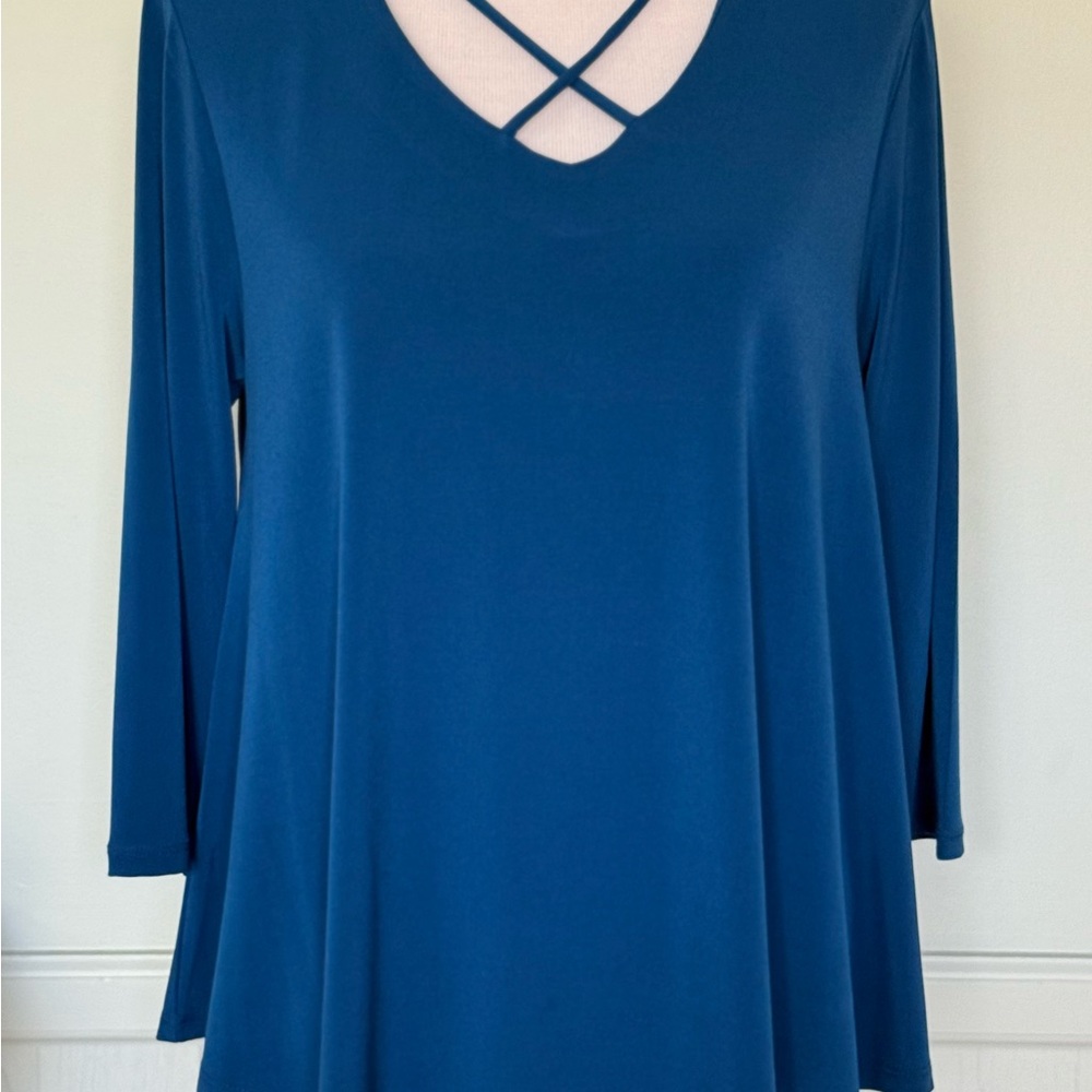 Chico's Blue Long Sleeve Top with Criss-Cross Detail